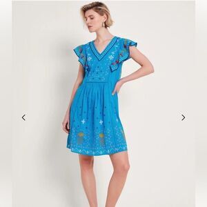Monsoon Prue Embroidered Mini Dress  Blue Lined 100% Cotton Ruffle Sz Small